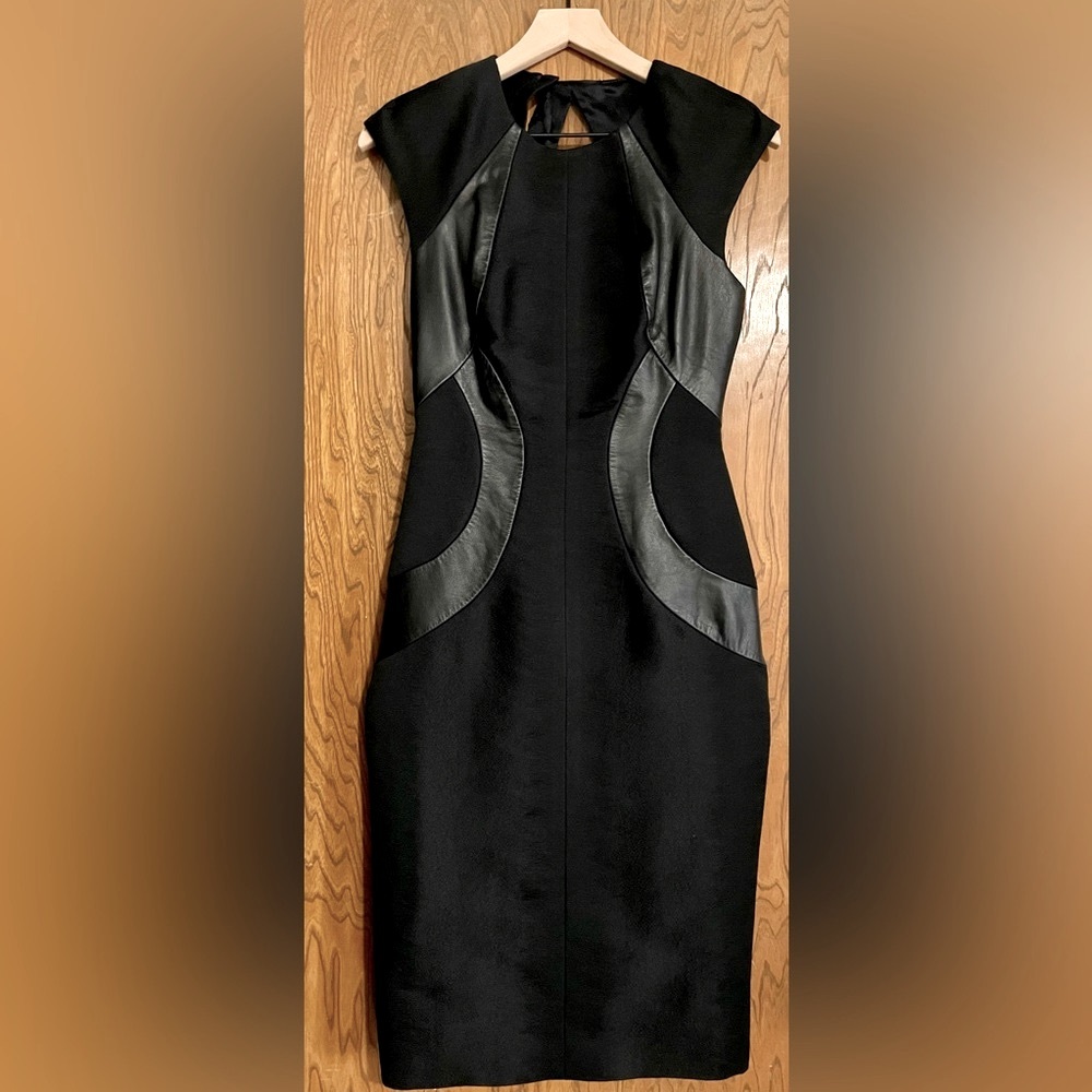 Monique Lhuillier black pencil cocktail dress with leather detail, LIKE NEW
